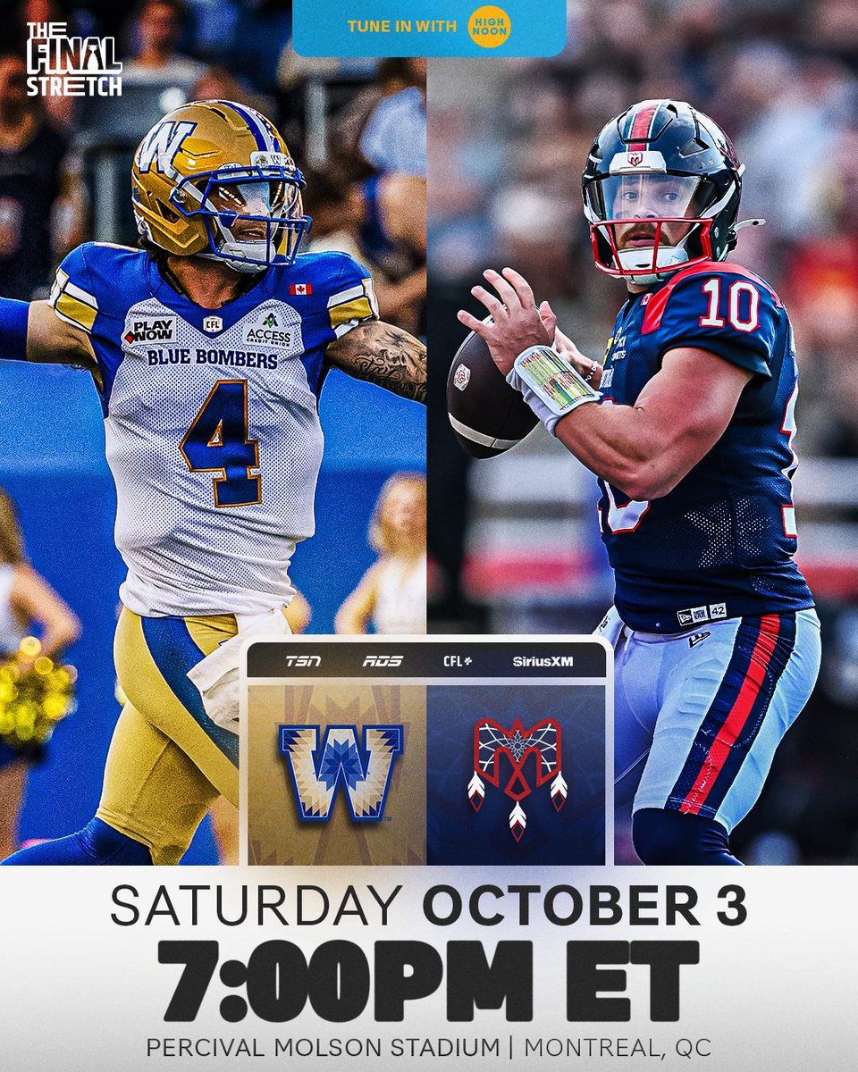 CFL's tweet photo. It's a 2025 Eastern Semi-Final rematch to close out Week 18! 👀

Tune in with @highnoonsunsips

🗓️: Blue Bombers vs. Alouettes @ 7 PM ET
📺: TSN, RDS and CFL+ https://t.co/ek9AgF8d7L
