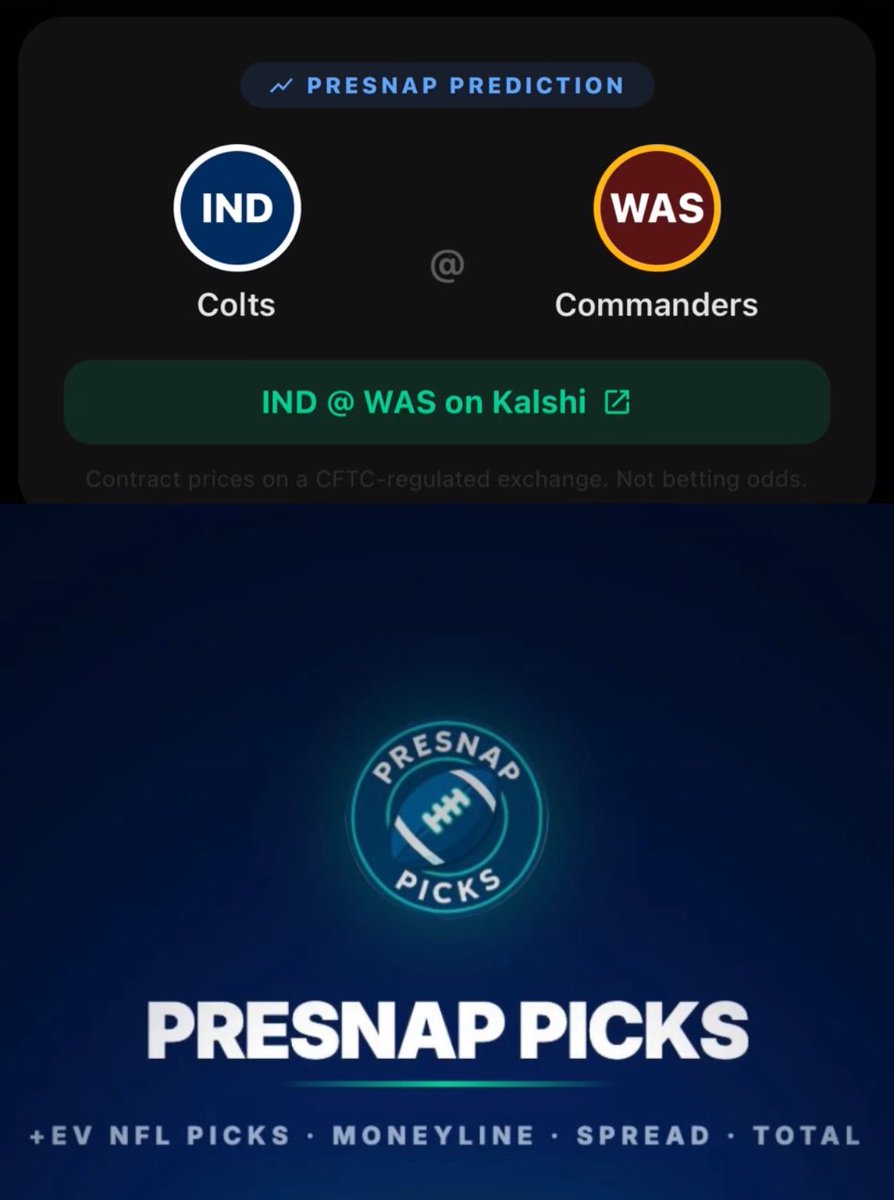 PaisanFore's tweet photo. GM 3 More Free Picks in PreSnap Picks for 
IND vs WAS game 🏈

Trade on Kalshi right from PreSnap

get the app, get free NFL picks every week
app link in bio #Gambling𝕏 https://t.co/VotzOPVZPc