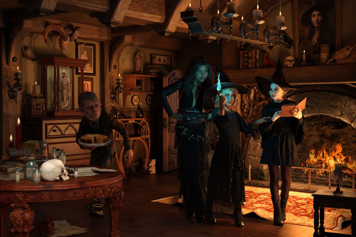 daz3d's tweet photo. Just in time for fall and Halloween, “Practicing Magic Spells” by Vaube captures the joy of childhood imagination through a fantasy scene full of magic and detail. 🎃

Created using Dolb HD for Ollie 8, Macey and Chani HD, and Iray Ghost Light Kit One. https://t.co/4vDEc8XVPo