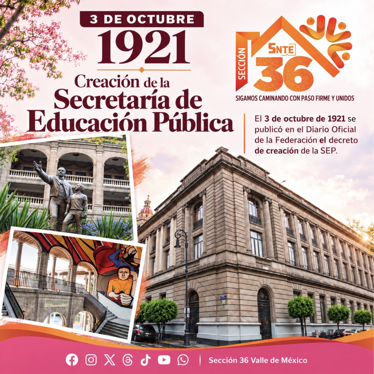 Seccion36Ofic's tweet photo. 🟠 Que viva por siempre la Educación y la escuela pública ‼️

🗓️ El 3 de octubre de 1921, a través de la difusión en el Diario Oficial de la Federación se publica el decreto por el cual se crea la Secretaría de Educación Pública.

#SigamosCaminandoConPasoFirmeYUnidos
#Sección36 https://t.co/6MkeAJeiwo