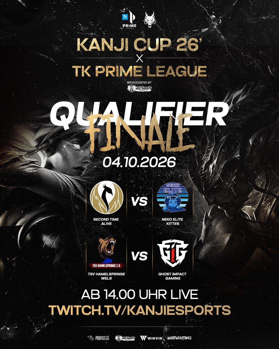 KanjiEsports's tweet photo. UNSERE FINALISTEN STEHEN FEST! 🏆

Morgen treffen im Finale des Qualifiers aufeinander:

⚔️ @secondtimealive vs. @NekoEsports
⚔️ @TSVH_eSport vs. @GhostImpactG

Die Matches werden ab 14:00 Uhr live auf unserem Kanal gecastet! 📺 https://t.co/VtX3F4UlYp

Wir bedanken uns bei allen Teams, die heute teilgenommen haben! 🫶Hoffentlich hattet ihr viel Spass!

Preise für die Qualifier-Teilnehmer:
🥇 Top 8 Teams: 5 Summoner Orbs
🏆 Die beiden Gewinner: zusätzlich 10 Summoner Orbs

Viel Erfolg an alle Finalisten!