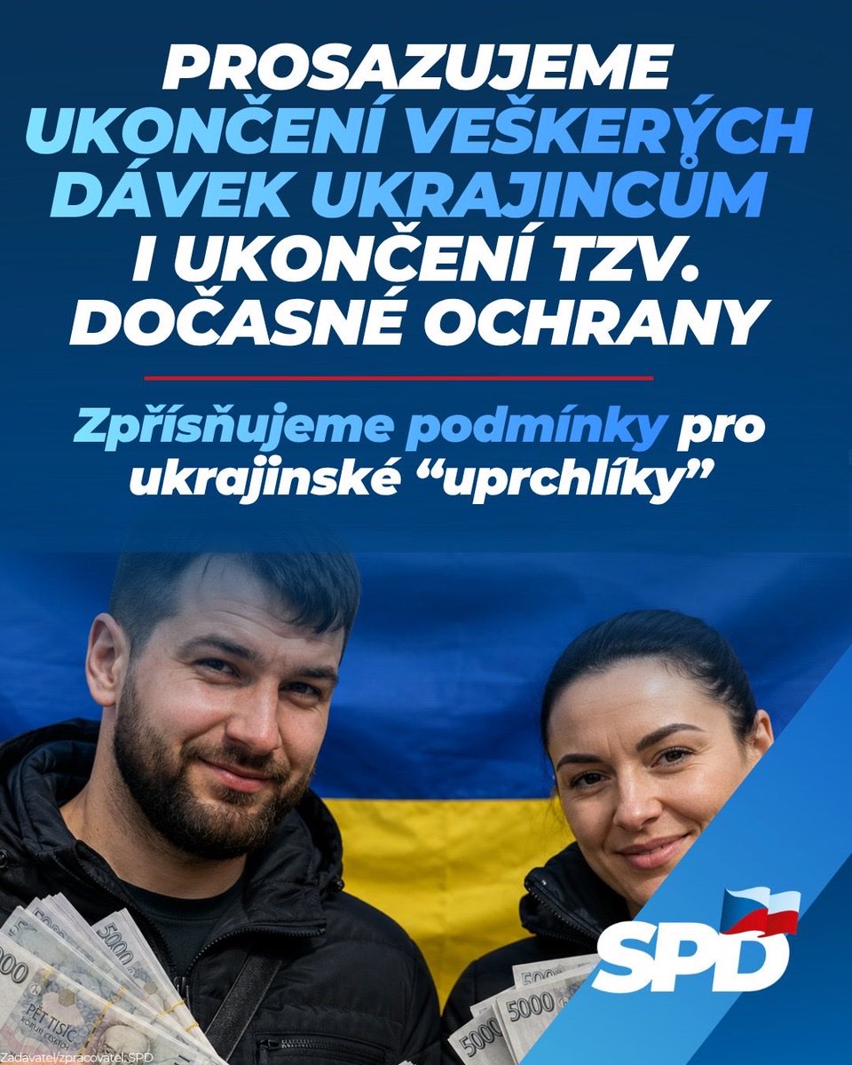 tomio_cz's tweet photo. Dánsko 🇩🇰chce zpřísňovat podmínky pro ukrajinské „uprchlíky“.🚫🇺🇦 Dánsko, které má v Unii výjimku z azylových pravidel a může v této oblasti postupovat vlastní cestou, nechce poskytovat ochranu příchozím z bezpečných částí Ukrajiny. Takové zpřísnění prosazuje i SPD. V koalici jsme se dohodli, že podmínky pro pobyt Ukrajinců se budou zpřísňovat v jiných oblastech. SPD také ve vládní koalici prosazuje ukončení tzv. dočasné ochrany Ukrajincům, ukončení všech dávek a deportaci všech, kteří porušují naše zákony.

➡Tímto způsobem, tedy že neposkytuje ochranu uprchlíkům z bezpečných částí Ukrajiny, už postupuje Norsko a Švýcarsko, které nejsou členy Unie, a nyní se ho chystá zavést Dánsko.

➡Dánsko určilo čtrnáct oblastí na západě a ve středu Ukrajiny, s výjimkou Kyjeva, které označilo za relativně bezpečné pro civilní obyvatele. Uprchlíkům z těchto oblastí pak už nechce plošně dávat takzvanou dočasnou ochranu, díky které mohou utečenci v hostitelské zemi legálně bydlet a pracovat. Informovaly o tom Novinky.

➡Podle dánského ministra pro imigraci a integraci Mortena Bødskova jsou uprchlíci náporem na tamní společnost. „Některé obce bojují s tím, aby našly ubytování pro tak velký počet Ukrajinců a aby je integrovaly do dánské společnosti,“ uvedl.

❗Dodal, že v Dánsku žije 47 600 ukrajinských uprchlíků. V Česku je přitom utečenců z Ukrajiny přes 398 tisíc a zatímco v Dánsku tak na tisíc obyvatel připadá osm uprchlíků z Ukrajiny, v Česku je to 36, nejvíce ze všech unijních zemí.

☝„Dlouhodobě se české kapacity pohybují na hranici možností. Případný další příchod většího počtu uprchlíků by kapacitu významně přesáhl,“ sdělila už dříve mluvčí ministerstva vnitra Hana Malá.

✅Česká vláda také schválila rozsáhlou novelu balíčku Lex Ukrajina, která zásadně zpřísňuje pravidla pro ukrajinské uprchlíky s dočasnou ochranou. Tyto legislativní úpravy přinášejí zásadní změny v oblasti samotného pobytu a ochrany, čerpání sociálních dávek i provozu automobilů. Dočasná ochrana nově automaticky zanikne, pokud její držitel pobývá mimo státy schengenského prostoru déle než 30 dnů, případně při uložení pravomocného trestu.

✅Nově příchozí ukrajinští muži v odvodovém věku musí pro udělení (či obnovení mimo standardní proces prodlužování) dočasné ochrany prokázat splnění vojenských povinností. Bez tohoto potvrzení jim nebude ochrana udělena.

✅Od roku 2027 bude možné a od roku 2028 povinné registrovat vozidla s ukrajinskou registrační značkou v českém Registru silničních vozidel (RSV). Současně dojde k ukončení dosavadní evidence v Informačním systému ukrajinských vozidel (IS UA).

✅Vozidla s ukrajinskou SPZ budou muset být zapsána do RSV a nově také absolvovat pravidelné technické kontroly, stejně jako všechna ostatní vozidla. Za nesplnění povinností budou hrozit sankce: kromě kauce, zajištění vozidla nebo zadržení registrační značky také pokuty až do výše 30 000 Kč pro řidiče a až 50 000 Kč pro provozovatele vozidla.

✅Povinnost pravidelných technických kontrol se má vztahovat jak na vozidla dosud evidovaná v IS UA, tak na vozidla nově příchozích občanů Ukrajiny s pobytovým oprávněním na území ČR. Tato vozidla budou nově registrována v RSV a obdrží české registrační značky. Novela zároveň umožní registraci vozidel zakoupených v České republice osobám pobývajícím na území ČR na základě víza strpění nebo dočasné ochrany. I těmto vozidlům budou přidělovány české registrační značky.

#Ukrajina
