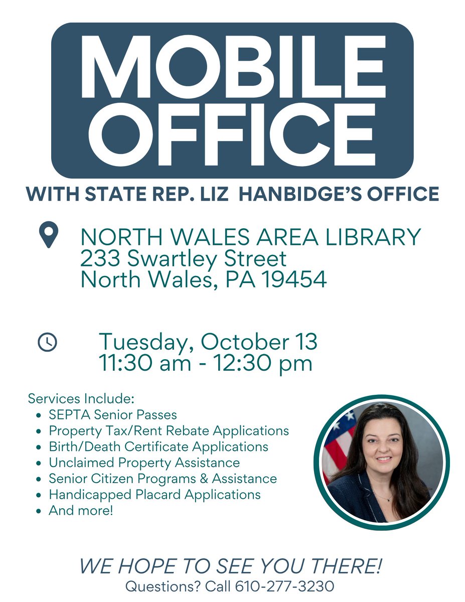 RepHanbidge's tweet photo. My mobile office will be at the North Wales Area Library, TODAY from 11:30-12:30. We can assist with any and all state services, process Senior SEPTA passes, provide FREE notary services, and so much more!

Please stop by to learn how my office can best serve you! https://t.co/6lsMsBegk4