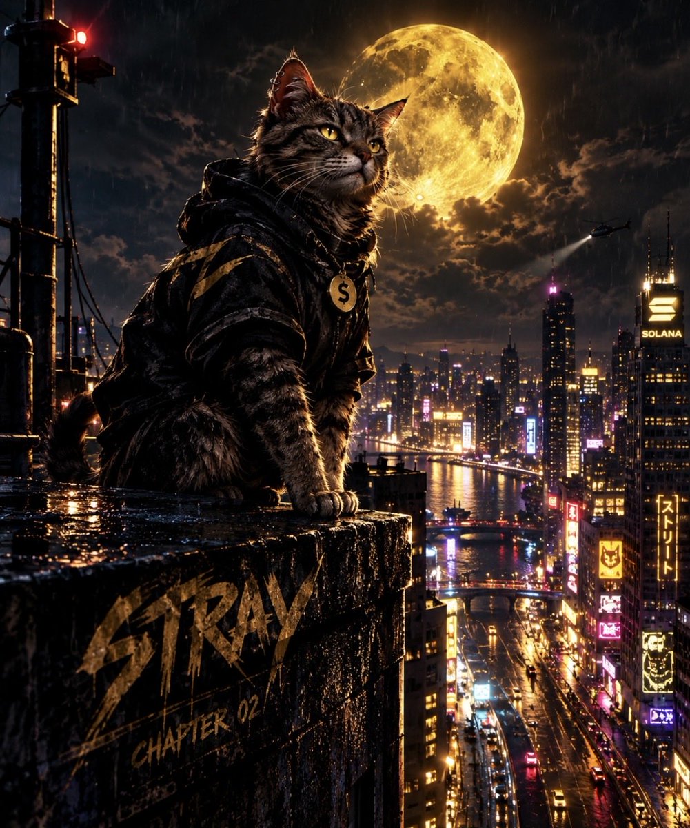 StrayCoinSOL's tweet photo. CHAPTER 02 🐈

The city sleeps. STRAY watches. 🐈‍⬛🌕

No home.
No owner.
Just rooftops, cold nights, and a city below.

NO OWNER. NO MASTER. JUST STRAY. https://t.co/ylN8pMpmKS