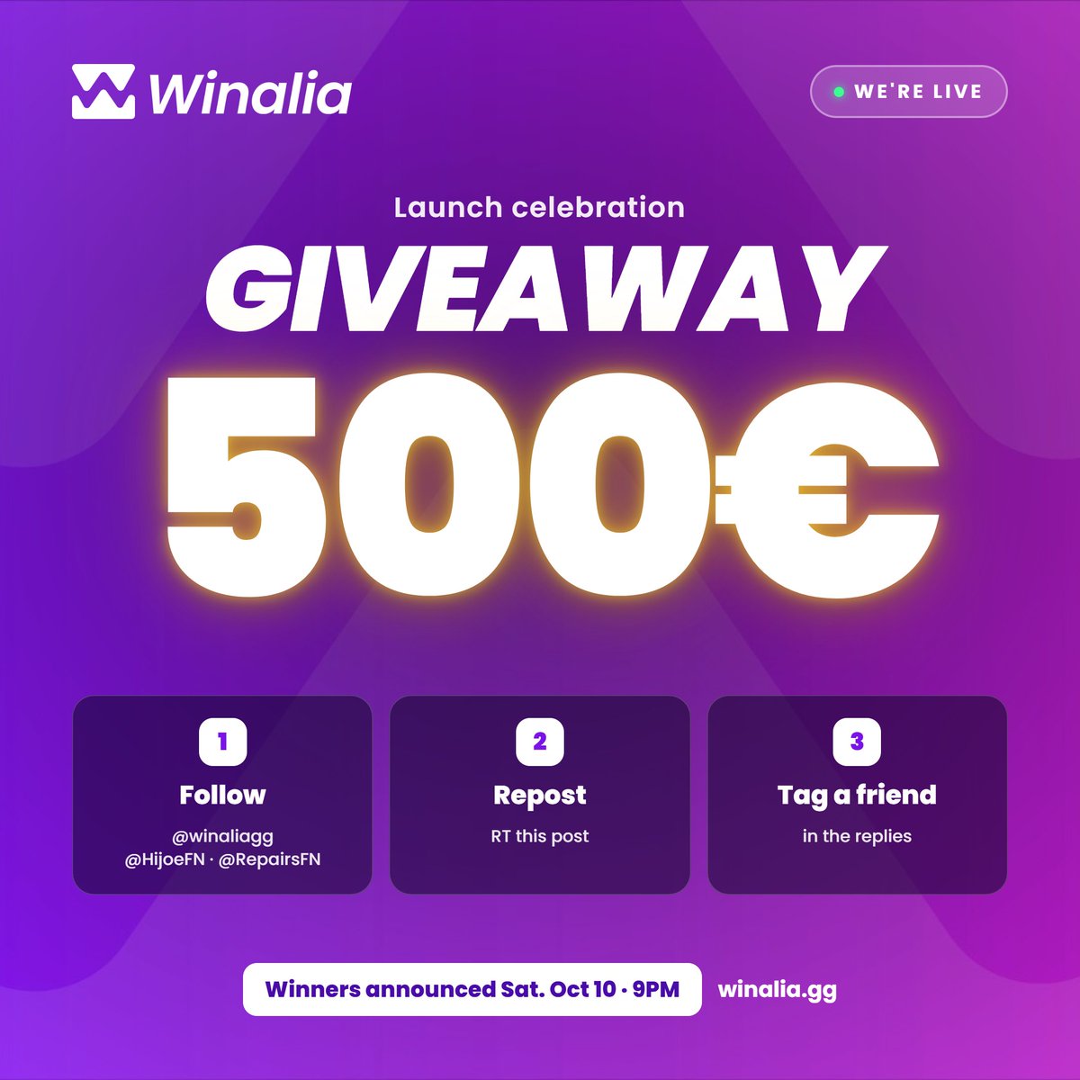 Winaliagg's tweet photo. GIVEAWAY​🎁

Winalia is officially live! To celebrate, we're giving away 500€ 

How to participate:
- Follow @winaliagg, @HijoeFN & @RepairsFN
- RT this post
- Tag a friend in the replies

Winners announced Saturday Oct 10, 9PM