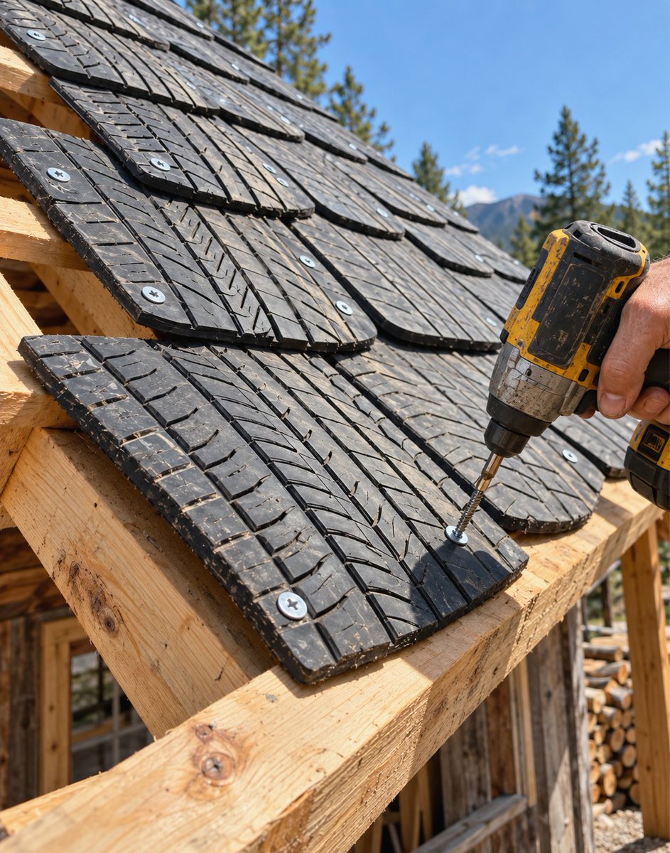 cabinsmountain's tweet photo. DIY Recycled Tire Roof Shingles

An interesting way to turn old tires into a useful roofing material.

Sections of tire tread can be cut into pieces and layered across a roof like traditional shingles. The overlapping design helps direct rainwater downward, while mechanical fasteners secure the rubber to the wooden structure.

It’s a creative way to reuse durable, flexible, and weather-resistant rubber for sheds, workshops, off-grid shelters, or experimental builds.

For a real structure, proper underlayment, drainage, fire safety, fastening, and local building codes still need to be considered.
