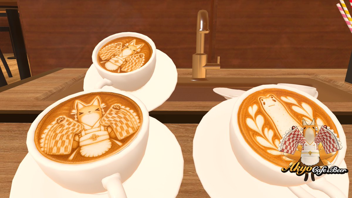 pinetailvrc's tweet photo. #VRBarやどかり さん、10月は #AkyoCafeAndBeer のワールド！NPCのAkyoが闊歩するかわいいワールドでわいわいしました～。yuwaさんの自作のラテアートもめっちゃすてき！ https://t.co/wOW1h3Xl3o