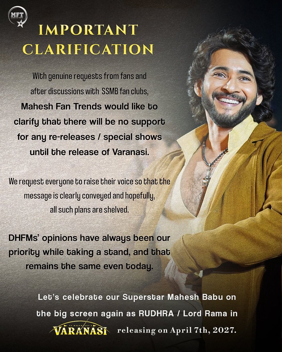 MaheshBabu_FC's tweet photo. Let’s not encourage re-releases. Let’s save the celebrations for Superstar Mahesh Babu’s biggest return as RUDHRA / Lord Rama. 🔥

April 7, 2027 The wait is worth it.💥

@urstrulyMahesh 
#varanasi https://t.co/TUdDkfBZkr