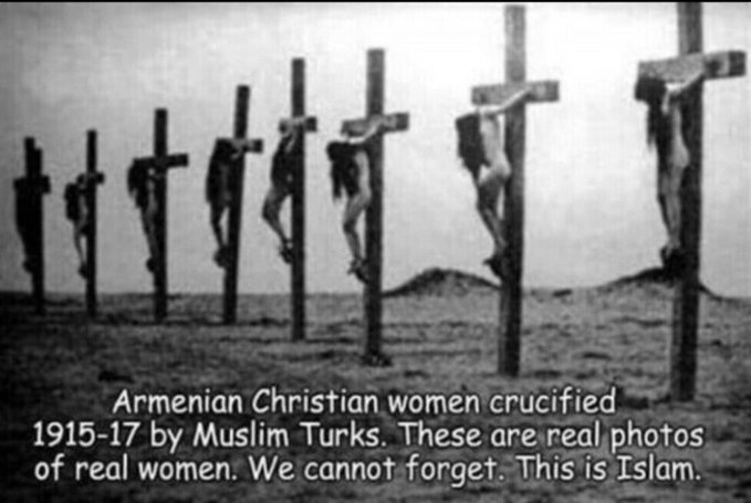 MAGACharlie2024's tweet photo. On 24 April 1915, Ottoman authorities arrested and deported hundreds of Armenian intellectuals and leaders from Constantinople. 

At the orders of Talaat Pasha, an estimated 800,000 to 1.2 million Armenians were sent on death marches to the Syrian desert in 1915 and 1916. Driven forward by paramilitary escorts, the deportees were deprived of food and water and subjected to robbery, rape, and massacres; survivors were dispersed into concentration camps. 

In 1916, another wave of massacres was ordered, leaving about 200,000 deportees alive by the end of the year. Around 100,000 to 200,000 Armenian women and children were forcibly converted to Islam and integrated into Muslim households. Massacres and ethnic cleansing of Armenian survivors continued through the Turkish War of Independence after World War I, carried out by Turkish nationalists.

Eyewitness accounts described women being impaled in "horrible" deaths but crucifixion as depicted in the film was not used.

Impaled, not crucified. Impaled!

(the image was not a photograph of the actual events that occurred around 1915 but rather an image from the production of the Auction of Souls/Armenia Ravished movie.)