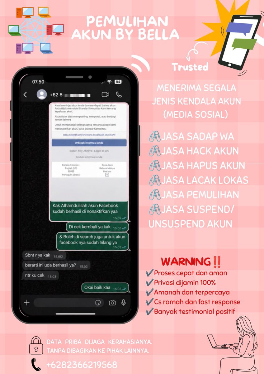 rynnpe's tweet photo. Open ya guys jasa balikin &amp; hapus akun ya✨

💎pemulihan akun
- instagram, tiktok, whatsapp, line, facebook, x, gmail, tele dll

💎hapus akun
- facebook, tiktok, instagram, line, whatsapp, x, dan lainnya

Sadap Wa, hack akun, lacak lokasi ?
Mau Order ? WhatsApp Di Bio❕
#zonauang https://t.co/I4M6MClrIk
