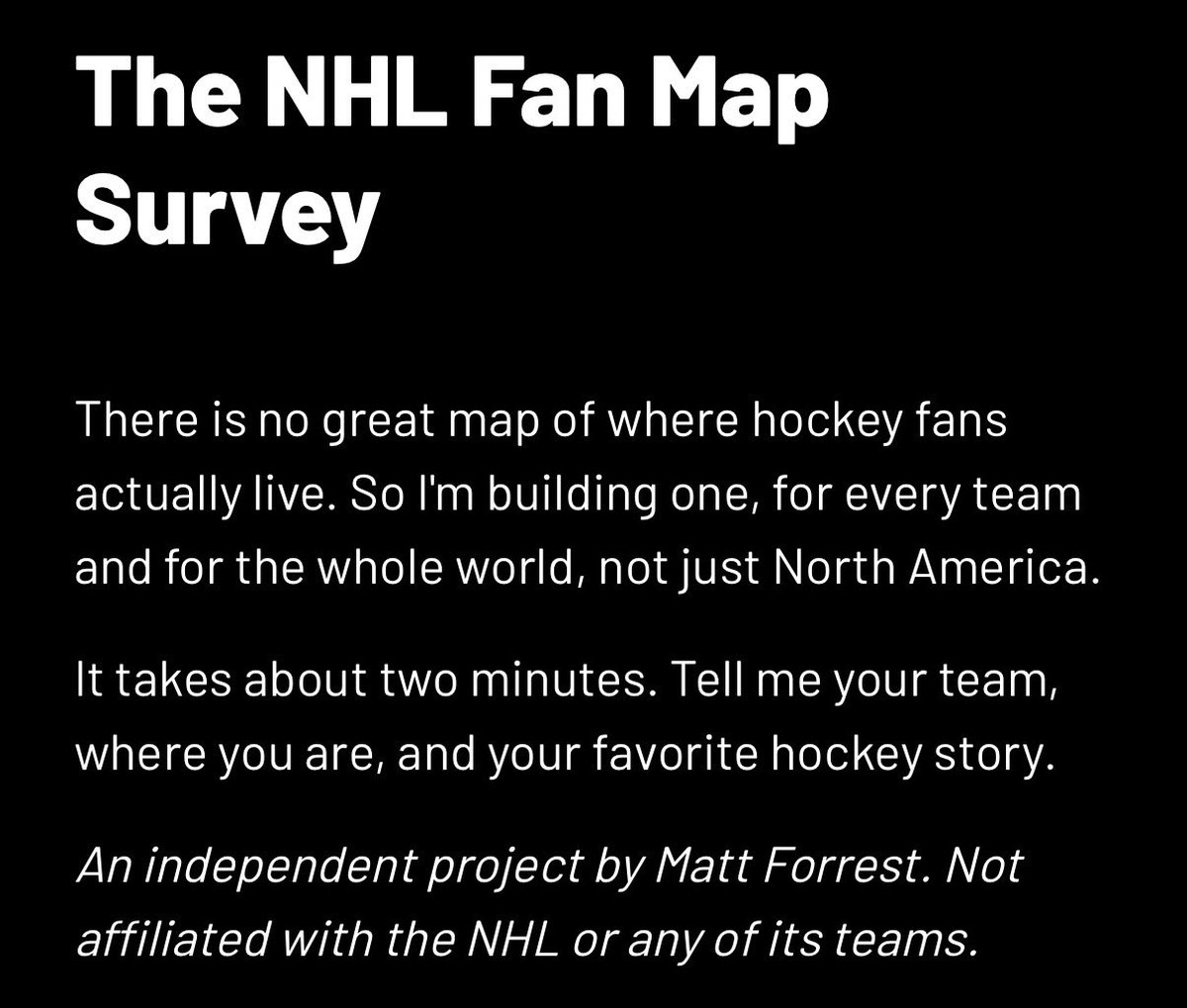 polarisquinn's tweet photo. matt forrest of the spatial labs is updating the currently outdated nhl fan map to track team loyalty by geography. really cool project! we need you to fill out the survey (no identifying information required) 
🔗 https://t.co/N6M0ELBb8o https://t.co/O9mbyRVJWw