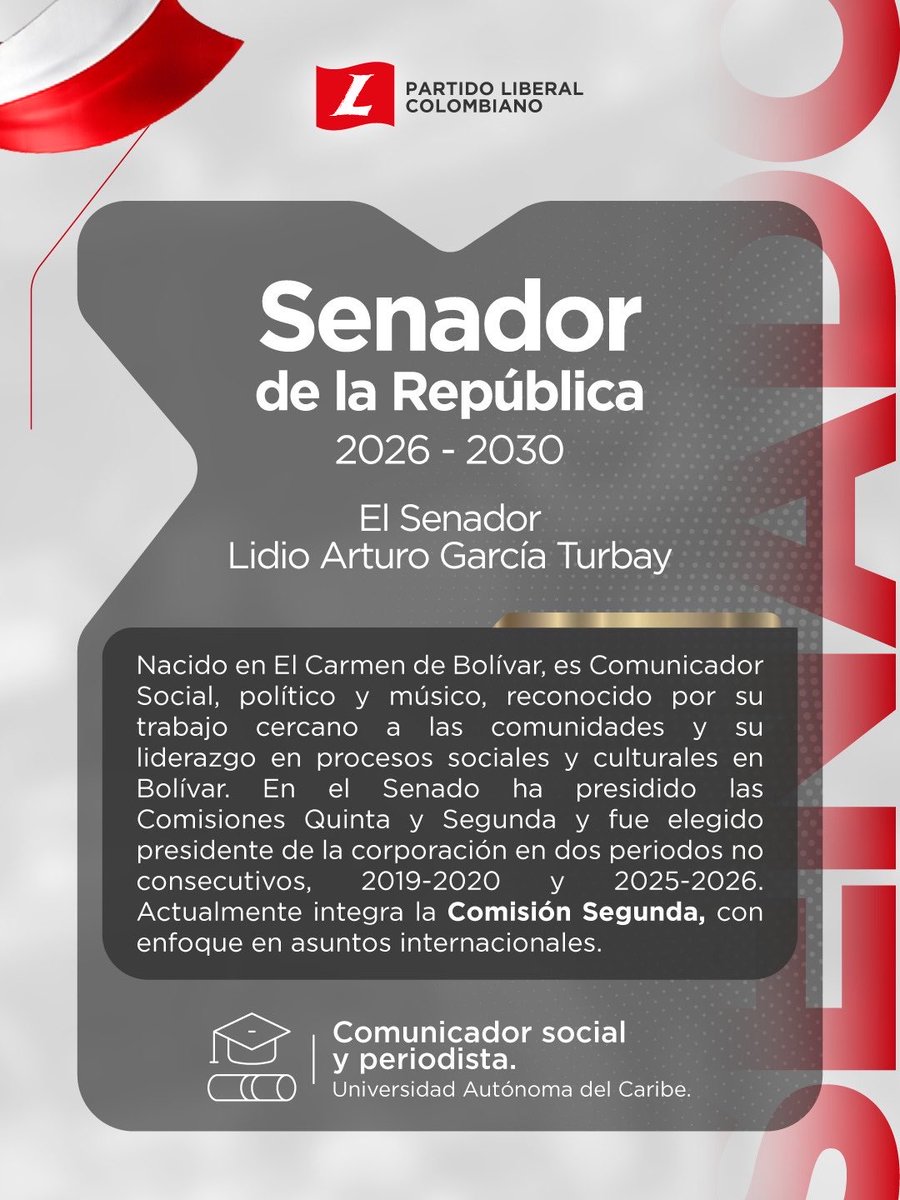 PartidoLiberal's tweet photo. El Partido Liberal Colombiano reconoce la trayectoria y el liderazgo del senador @Lidiosenado , representante del Caribe en el Senado de la República para el periodo 2026–2030. 🇨🇴 https://t.co/AeB7nERT82