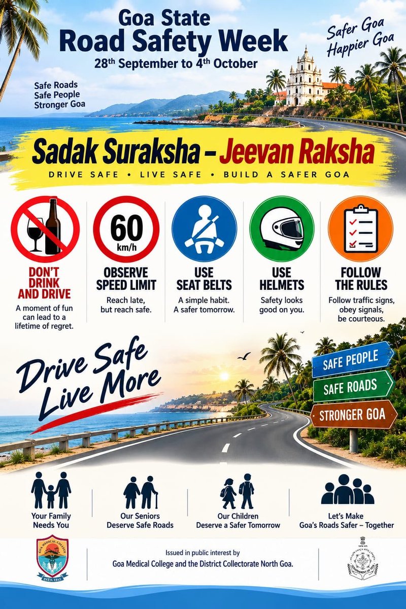 dip_goa's tweet photo. 🚫🍷 Don’t Drink and Drive — Choose Life, Choose a Sober Drive!

Alcohol impairs reaction time, vision, judgement and coordination, putting not only the driver but also other road users at risk. This Goa State Road Safety Week (28 September–4 October), let’s make a responsible choice: Never drink and drive. Designate a driver, drive safe and arrive home safe.

Drive Safe • Live Safe • Build a Safer Goa
#RoadSafetyWeek #DontDrinkAndDrive #ChooseLife #SaferGoa #SoberDriving #RoadSafety @Coll_NorthGoa