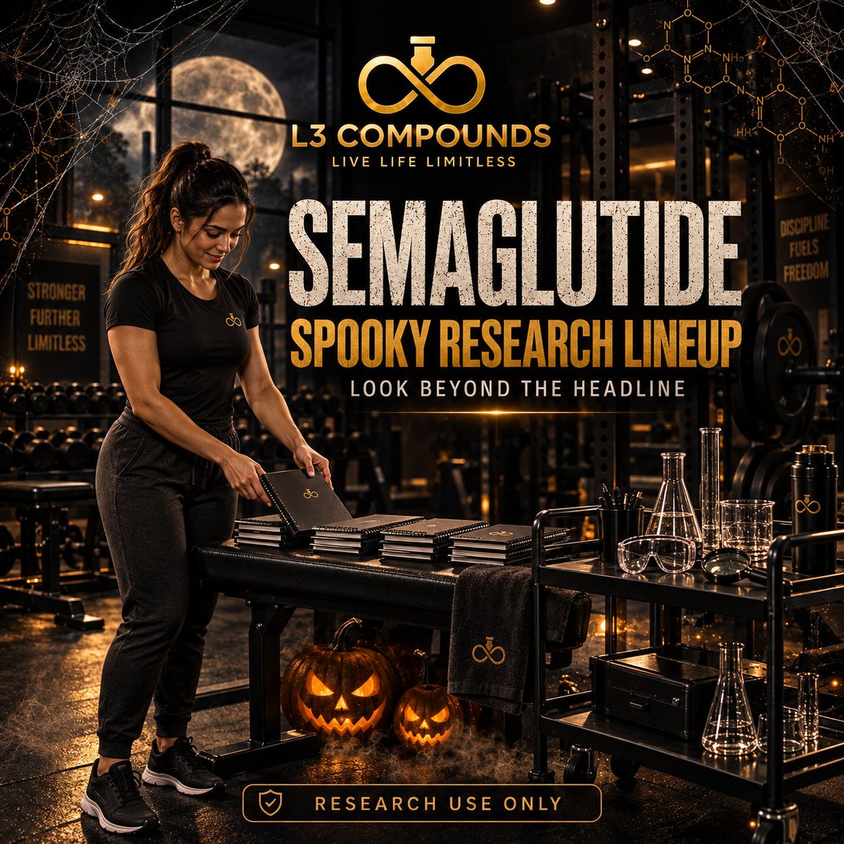 l3compounds's tweet photo. Semaglutide joins the spooky research lineup. 👻🔬 Start with receptor activity, methods, and the limitations of available studies. Research use only.   

#Semaglutide #GLP1Research #ResearchUseOnly https://t.co/VFeDYwNZRn
