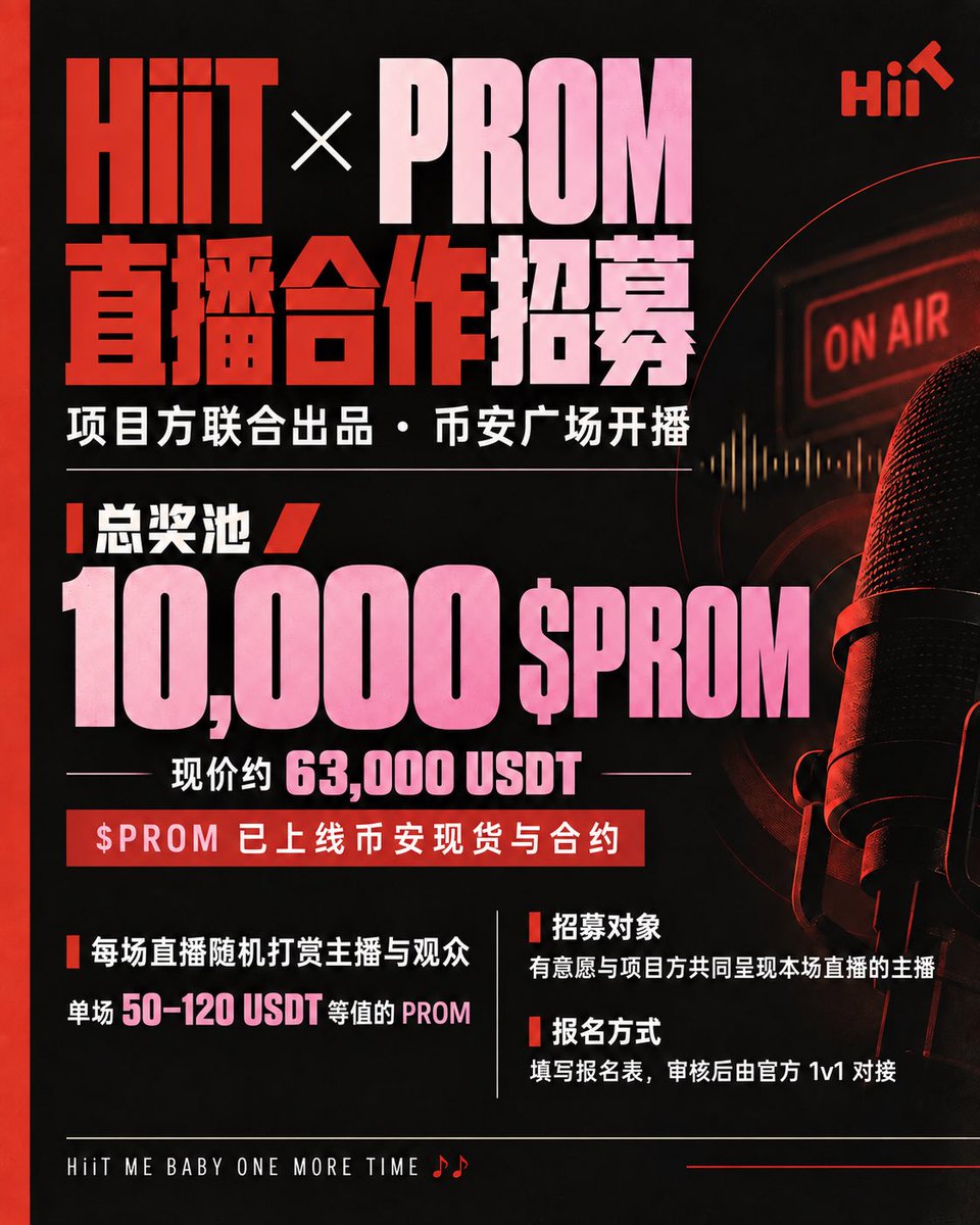 HiiT_CN's tweet photo. 🔥10,000 $PROM 奖池已就位 等你来开播🎙

HiiT × PROM 币安广场主播招募正式开启！
$PROM 现已上线币安现货及合约

直播间讲解$PROM，HiiT官方随机空降送奖励：
🎁 主播收获 $PROM 打赏
🧧 观众瓜分 $PROM 红包
🔥 内容越出彩，人气越高涨，奖励越丰厚
💰 单场奖励可达50‑120 USDT 等值 $PROM

KOL、公会、主播均可报名！审核通过将由官方1v1对接～
👉 https://t.co/7mqV29jds0

奖池发完即止——下一个被 “砸中” 的直播间会是你的吗？🔨

#HiiT Me Baby One More Time 🎶