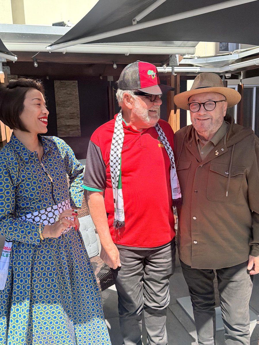 niehaus_carl's tweet photo. As I was this afternoon on my way to the mass march for Palestinian from the Mouille Point Lighthouse, I got a call from George  Galloway’s wife Gayatri inviting me over for cup of coffee and chat before the march. What a lovely revolutionary meeting of the minds we had. https://t.co/s2n0xhoovV