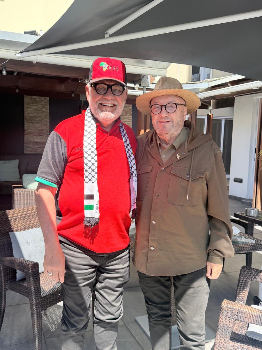 niehaus_carl's tweet photo. As I was this afternoon on my way to the mass march for Palestinian from the Mouille Point Lighthouse, I got a call from George  Galloway’s wife Gayatri inviting me over for cup of coffee and chat before the march. What a lovely revolutionary meeting of the minds we had. https://t.co/s2n0xhoovV