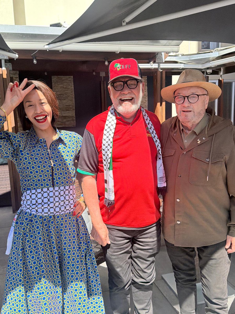 niehaus_carl's tweet photo. As I was this afternoon on my way to the mass march for Palestinian from the Mouille Point Lighthouse, I got a call from George  Galloway’s wife Gayatri inviting me over for cup of coffee and chat before the march. What a lovely revolutionary meeting of the minds we had. https://t.co/s2n0xhoovV