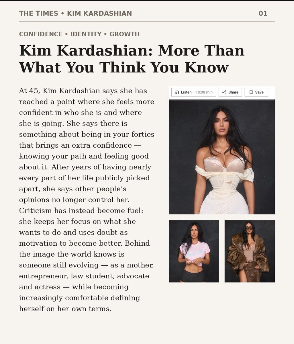 Kimiltondaily's tweet photo. There’s so much more to Kim than what people see in the headlines. 🖤
In her new interview with The Times, Kim opens up about life at 45,motherhood, building SKIMS, her legal journey and prison-reform work, acting, and the confidence she’s found along the way. https://t.co/ER8kFag6SR