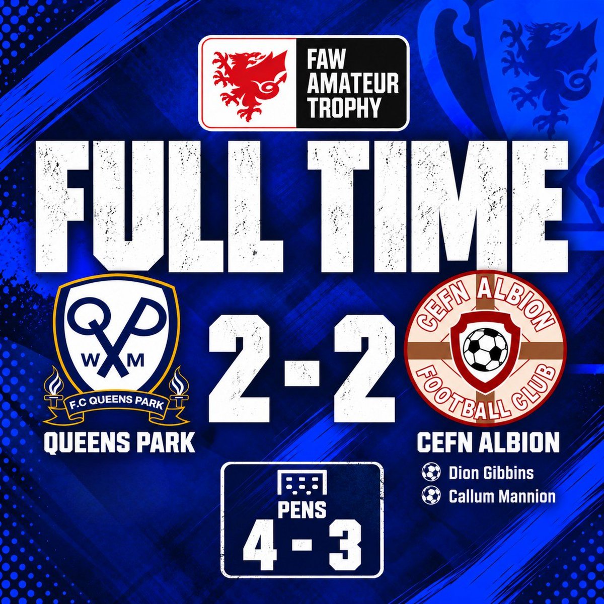 CefnAlbionFC's tweet photo. FULL TIME

We bow out of the FAW Amateur Trophy on penalties. 

Dion Gibbins opened the scoring with a header after a great delivery from Torne Samuels. QP hit back and went 2-1 ahead before a 90+5 minute penalty from Callum Mannion took the game to penalties.

Thank you to all the supporters for getting behind the lads today. Now we look ahead to our first league game in a month, next weekend, away at Knighton.

#UpTheAlbion