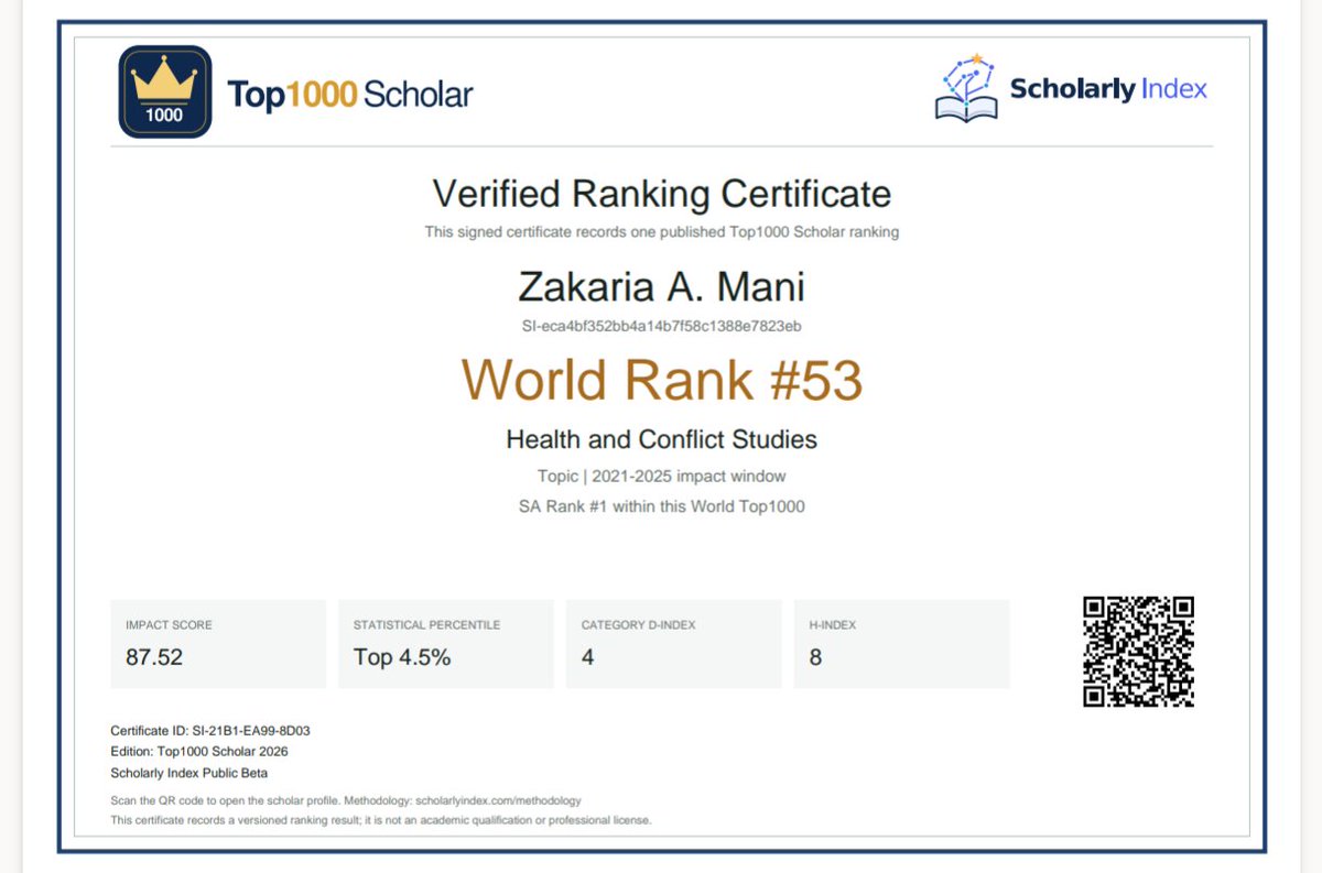 Zakaria_Mani7's tweet photo. بحمد الله وفضلة، تم تصنيفي ضمن أفضل 1000 باحث عالميًا في التالي

🇸🇦 الأول في السعودية | المركز 53 عالميًا (أفضل 4.5%) — في مجال ابحاث الصحة ودراسات الحروب
🇸🇦 الرابع في السعودية | المركز 85 عالميًا (أفضل 1.3%)  في مجال ابحاث الاستجابة للكوارث وإدارتها

#Top1000Scholar #ScholarlyIndex #البحث_العلمي #السعودية #الكوارث
