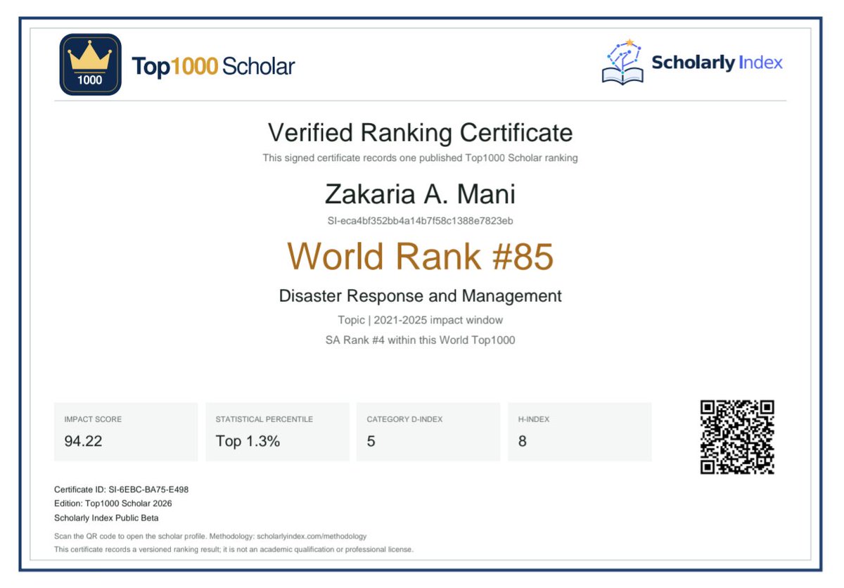 Zakaria_Mani7's tweet photo. بحمد الله وفضلة، تم تصنيفي ضمن أفضل 1000 باحث عالميًا في التالي

🇸🇦 الأول في السعودية | المركز 53 عالميًا (أفضل 4.5%) — في مجال ابحاث الصحة ودراسات الحروب
🇸🇦 الرابع في السعودية | المركز 85 عالميًا (أفضل 1.3%)  في مجال ابحاث الاستجابة للكوارث وإدارتها

#Top1000Scholar #ScholarlyIndex #البحث_العلمي #السعودية #الكوارث