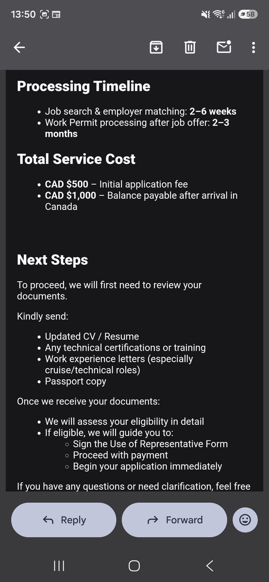 Mahesh1553849's tweet photo. 🚫 Don't fall for TCP Immigration! Red flags to watch out for: upfront fees (they took $350 USD from me), guaranteed visas, and fake job/visa offer letters from a fake lawyer named Peter Poon. Verify everyone on the official CICC register! #VisaScam #MoveToCanada https://t.co/0dQdHnEJgc