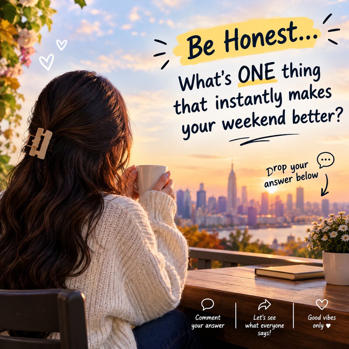 nomtessar's tweet photo. Be honest 👀 What’s ONE thing that instantly makes your weekend better? ☕✨
#WeekendVibes #Weekend #GoodVibes https://t.co/RVwcvD19Ok