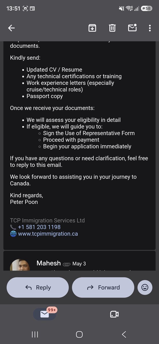 Mahesh1553849's tweet photo. 🚫 Don't fall for TCP Immigration! Red flags to watch out for: upfront fees (they took $350 USD from me), guaranteed visas, and fake job/visa offer letters from a fake lawyer named Peter Poon. Verify everyone on the official CICC register! #VisaScam #MoveToCanada https://t.co/0dQdHnEJgc