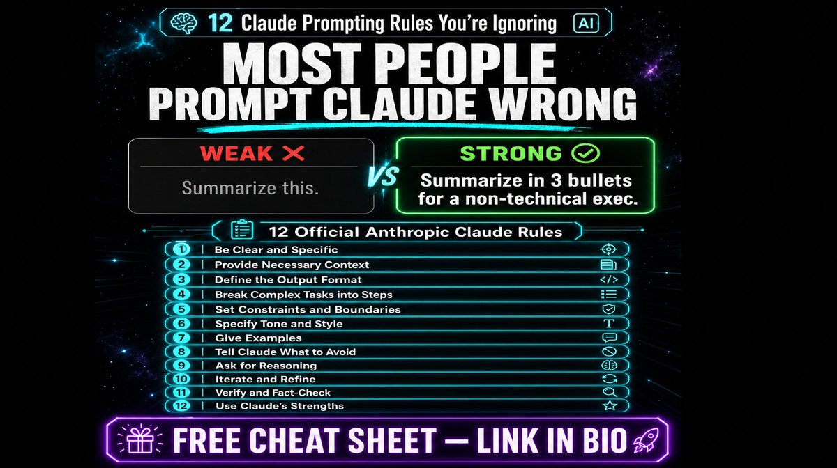 LawtonSolution's tweet photo. Anthropic published 12 official Claude rules.

Most ignore them.

Weak: "Summarize this."
Strong: "Summarize in 3 bullets for a non-technical exec."

That one shift changes everything.

Free cheat sheet — all 12 rules, copy-paste ready. Link in bio. https://t.co/b2wE0nxlxW