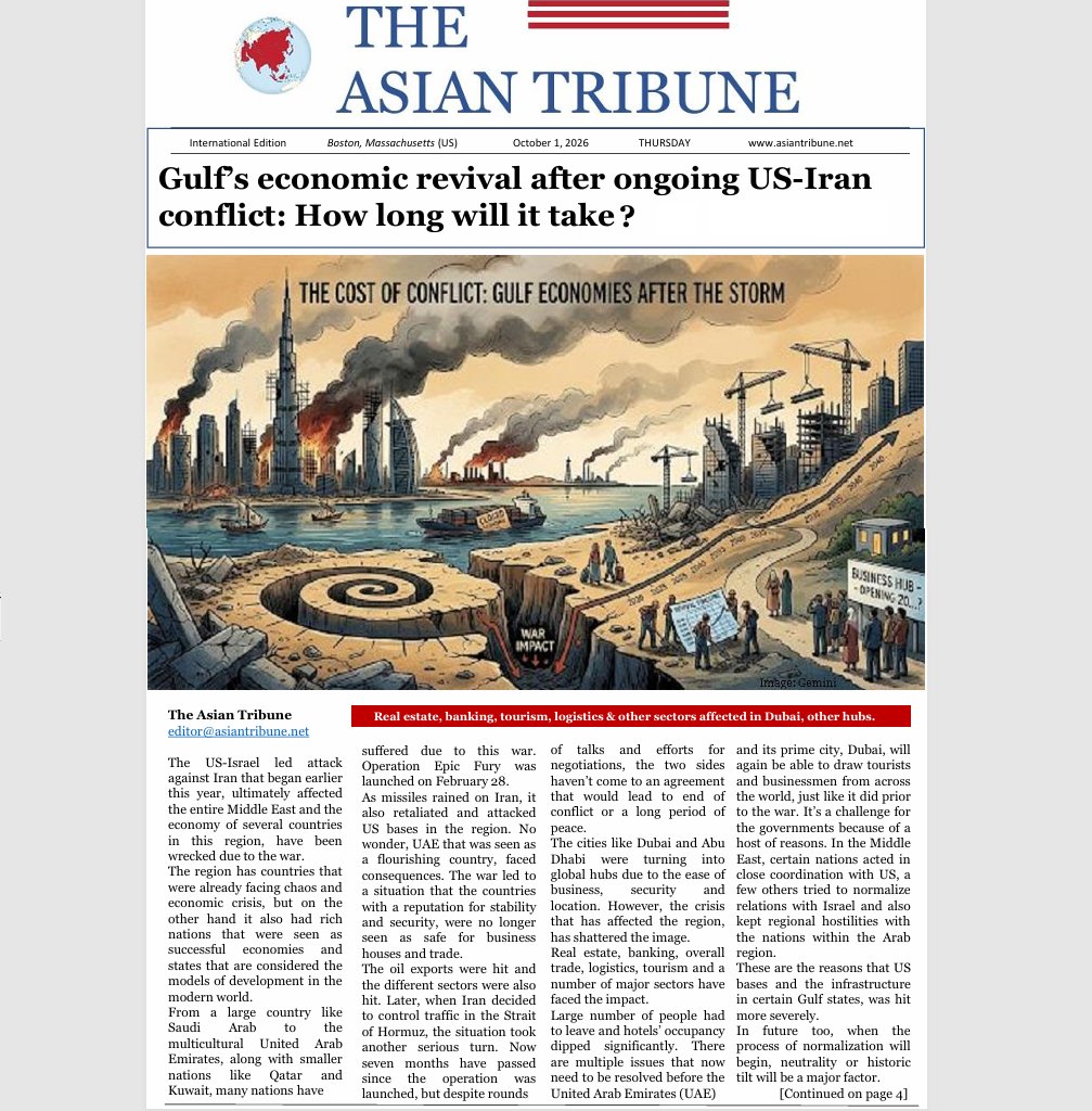 indscribe's tweet photo. Gulf’s economic revival after ongoing US-Iran conflict: How long will it take for these nations and their economies to stabilize, rise again?

Inflation, disrupted supplies, strain on economies dented the relatively poor nations as well as many strong countries in different parts of the world. Long lasting peace and a workable deal between countries that are in conflict, is now necessary to save the crumbling economy.

#Dubai #Iranwar #Economy #WorldNews #TheAsianTribune