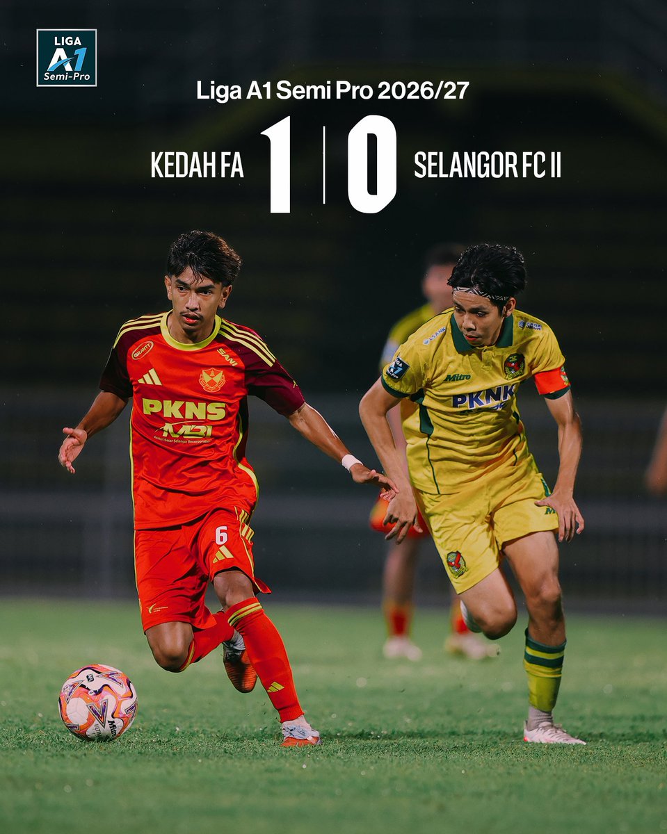 selangorfc's tweet photo. FT | KDH 1 - 0 SFC ll

Skuad #SFC II terpaksa akur dengan tewas tipis kepada Kedah FA pada aksi minggu ke-5 #LigaA1SemiPro20262027 yang berlangsung sebentar tadi di Stadium Darul Aman, Kedah.

Kita bangkit semula, #GergasiMerah. 💊 

#SelangorFC #HeritageRedefined https://t.co/4TrS4c6Jni