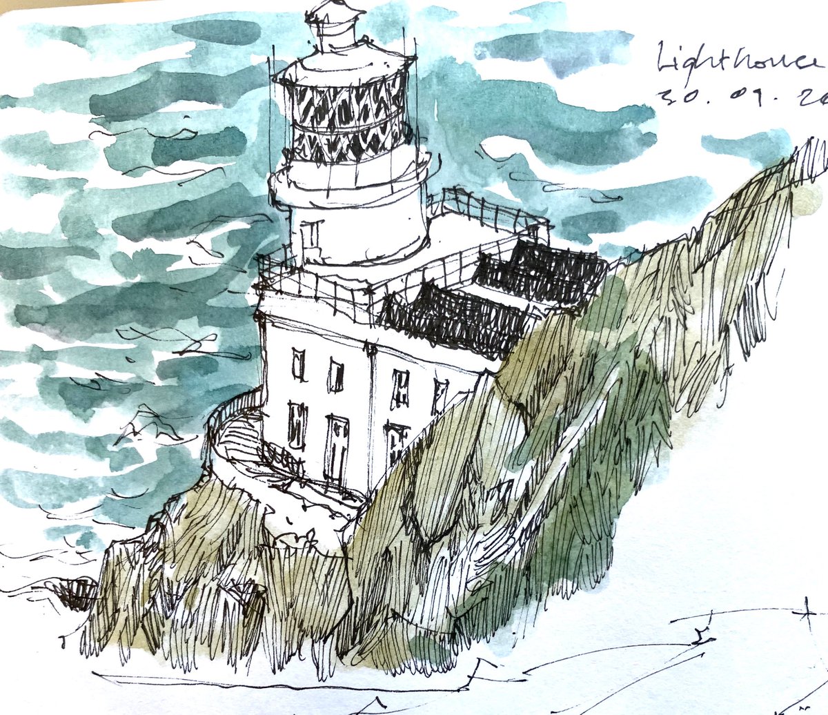 IsaacsEd's tweet photo. Some sketches from a few days away in Devon – boats at Appledore; Lighthouse at Hartland Point; Saint Nectans, Hartland; headstone on the grave of ���Borrowers’ author, Mary Norton, at Saint Nectan’s https://t.co/kYFgg7Jqnq