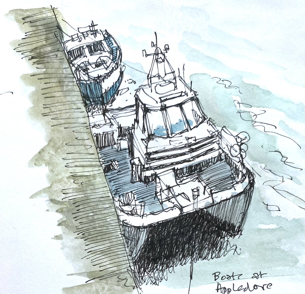IsaacsEd's tweet photo. Some sketches from a few days away in Devon – boats at Appledore; Lighthouse at Hartland Point; Saint Nectans, Hartland; headstone on the grave of ���Borrowers’ author, Mary Norton, at Saint Nectan’s https://t.co/kYFgg7Jqnq