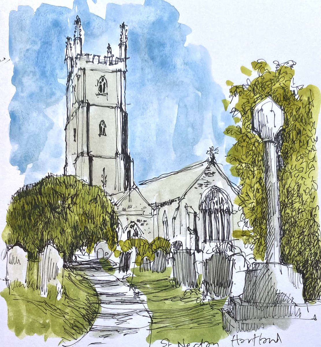 IsaacsEd's tweet photo. Some sketches from a few days away in Devon – boats at Appledore; Lighthouse at Hartland Point; Saint Nectans, Hartland; headstone on the grave of ���Borrowers’ author, Mary Norton, at Saint Nectan’s https://t.co/kYFgg7Jqnq