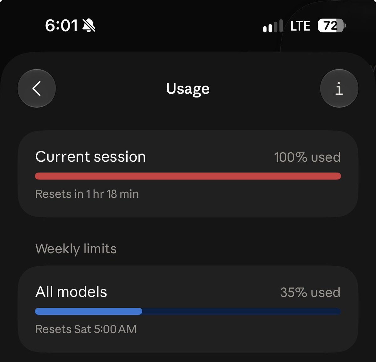 OsamikProd's tweet photo. I’ve officially hit 100% of my 5-hour session limit, and my weekly usage is already at 35%.

The funniest part? It’s only 6 PM. My limits reset just 13 hours ago. 💀

At this rate, I’ll burn through my entire weekly allowance before the weekend is even over.

I’m not coding anymore. I’m speedrunning my subscription limits.