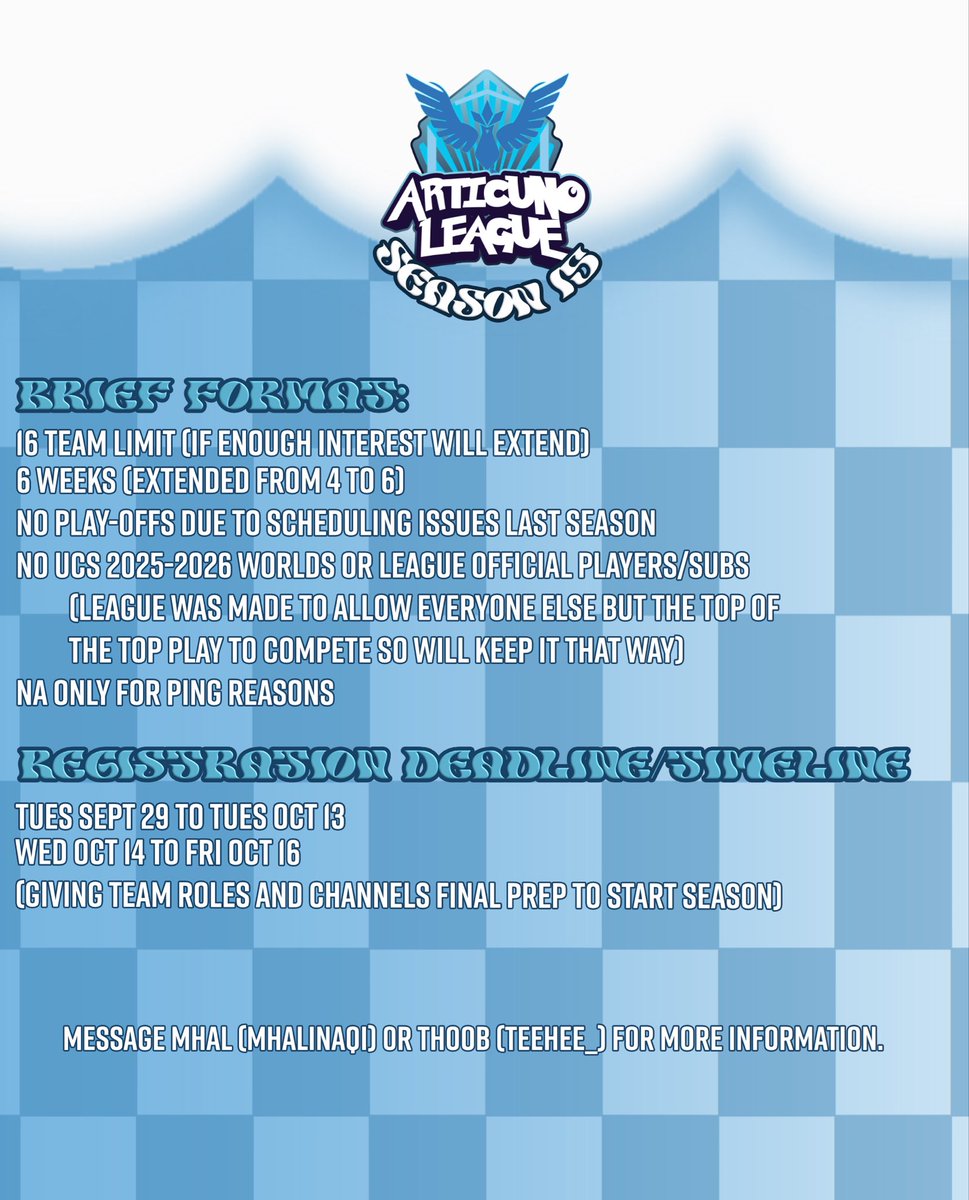 ArticunoLeague's tweet photo. With the wrap of Season 14 and the Nov qualifiers coming up for the Crown Championship in Japan having the format of Reg 3 bans DAY 1 and All Star mode DAY 2 we will be introducing a MIXED FORMAT for SEASON 15 alternating week by week to help teams prep for these qualifiers! https://t.co/hHDDFrl6wB