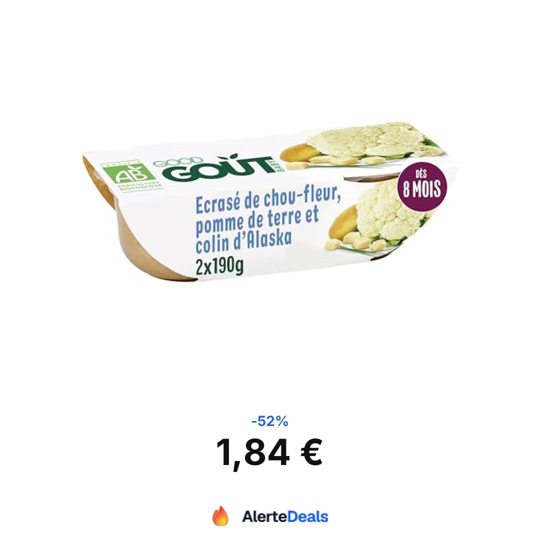 AlerteDeals's tweet photo. Promo Amazon :
1,84€ au lieu de 3,85€ (-52%)
Lot de 2 bols micro-ondables de plat cuisiné bio Good Goût à l'écrasé de chou-fleur, pomme de terre et colin d'Alaska, adapté dès 8 mois. 👶
Lien en 1re réponse 👇
#publicité #bonsplans #amazon https://t.co/4AG0MqFGei