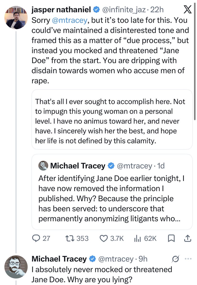 infinite_jaz's tweet photo. It is actually quite pitiful to watch @mtracey try to gaslight people into believing that he never exhibited any personal animus toward “Jane Doe” after the obscene display we all saw. At least show a little backbone and stand behind your repulsive conduct! https://t.co/2F6mEfLv6n