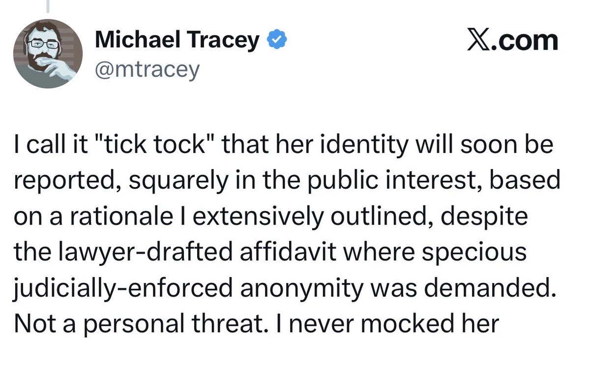 infinite_jaz's tweet photo. It is actually quite pitiful to watch @mtracey try to gaslight people into believing that he never exhibited any personal animus toward “Jane Doe” after the obscene display we all saw. At least show a little backbone and stand behind your repulsive conduct! https://t.co/2F6mEfLv6n