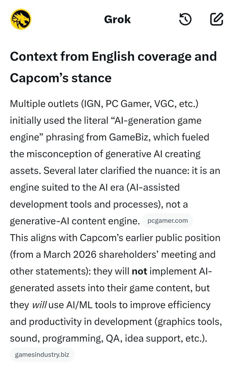 HazzadorGamin's tweet photo. "In short, the tweet accurately corrects the common misreading. Capcom is integrating AI into development workflows and engine design for the “AI generation/era,” while maintaining its stated policy against putting generative AI assets into finished games." https://t.co/8pUFhibMWy