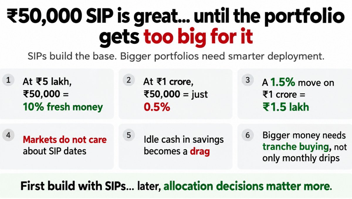 WealthEnrich's tweet photo. If you think a ₹50,000 monthly SIP is enough to take a ₹50 lakh portfolio to ₹5 crore, you have to realize that after a point, that ₹50,000 starts looking very small compared with the size of the portfolio.
​SIPs are excellent when you are building your first ₹20 lakh, ₹30 lakh or ₹50 lakh. But once the portfolio becomes large, your monthly savings become small compared with what the portfolio itself does every day.

​🟦 1. Just look at the numbers.
​On a ₹5 lakh portfolio, ₹50,000 is 10% fresh money.
​On ₹1 crore, the same ₹50,000 is only 0.5%.
​A normal 1.5% move in your ₹1 crore portfolio is ₹1.5 lakh... equal to three months of SIP.
​At this stage, asset allocation and what you buy start mattering far more than the SIP date.

​🟦 2. Then comes idle cash.
​If you have ₹15 lakh sitting in a savings account and still invest only ₹50,000 every month, the bigger question is not whether your SIP is disciplined.
​The question is... what is the rest of the money doing?

​🟦 3. Markets also don't know it is the 5th of the month.
​A SIP will buy whether the market is cheap, expensive or somewhere in between. Nothing wrong with this for most investors.
​But with a larger portfolio, I would also want money available when good businesses suddenly become cheaper.

​🟦 4. This is where tranche buying starts making more sense.
​Suppose a company you have tracked for years falls 15% after one weak quarter, while the long term story remains fine.
​I would rather have the ability to put ₹3 lakh or ₹5 lakh there than wait for twelve monthly instalments.

​🟦 5. Big falls matter much more once the portfolio gets bigger.
​A ₹50,000 SIP during a 20% market correction is still ₹50,000.
​But deploying a few months of accumulated cash during such periods can make a much bigger difference to future returns.
​Of course... only if you know what you are buying.

​🟦 6. And this is where SIPs in individual stocks can become dangerous.
​Averaging an index is one thing.
​Automatically buying more of a company whose business itself is deteriorating is something completely different.
​Sometimes averaging down is investing.
​Sometimes it is simply refusing to admit you were wrong.

​🟦 7. Valuation also starts mattering more.
​I would not stop investing simply because the market looks expensive. Timing the market perfectly is impossible.
​But I also would not force every rupee into equities at any price just because a SIP mandate says so.

​🟦 8. Then there is the mutual fund collection problem.
​₹10,000 here, ₹10,000 there... and after a few years you have 10 or 12 funds owning many of the same stocks. Pl understand ​more SIPs does not automatically mean more diversification.

​🟦 9. Once a portfolio becomes ₹1 crore, ₹2 crore or ₹5 crore, the game changes.
​Your salary and monthly savings still matter... but the portfolio itself is now doing most of the heavy lifting.
​At this stage, where you keep cash, when you deploy it, what you avoid and how much you put into your best opportunities starts mattering much more than simply increasing one more monthly SIP.

​SIPs definitely helps you to build the much needed solid base. But after a point, capital allocation actually starts deciding the result !