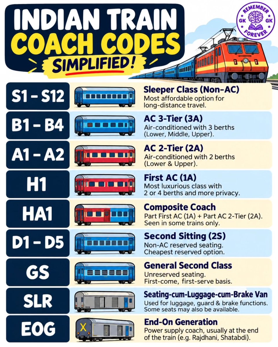 BORN4WIN's tweet photo. Indian Train 🚂 Coach Codes https://t.co/zeqUNPmVTQ