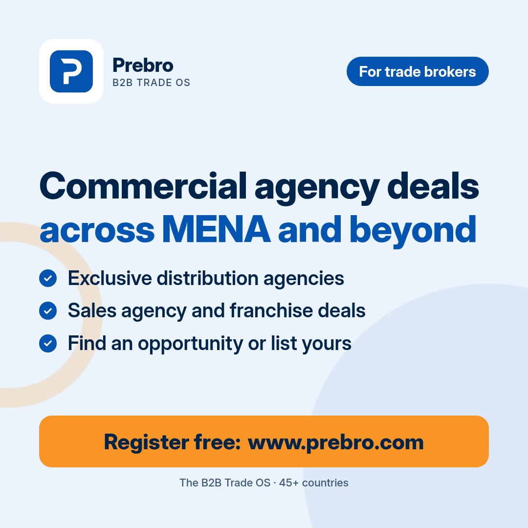 prebrocom's tweet photo. Looking for a distribution or sales agency?
Find exclusive distribution, sales agency and franchise opportunities across MENA and global markets on Prebro, or list your own.
Register free: https://t.co/fhGBJvZWcz
#Prebro #Distribution #Franchise #B2B https://t.co/MVSfB1CL5V