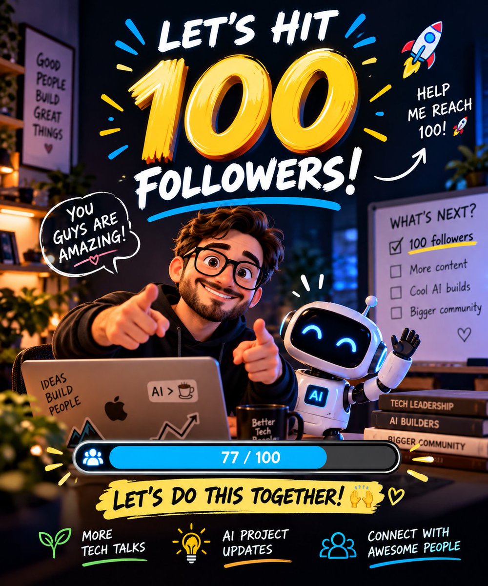 dan__proggg's tweet photo. 🚀 Road to 100 followers!

We’re already at 77, just 23 more to hit 100! 🎯

Honestly, it’s been awesome connecting with so many interesting people here.

Let’s hit 100 together! 🙌
If you’re into AI, tech, or building cool stuff — follow along and say hi 👋
Next stop: 100! 🚀 https://t.co/nIAttq8QmR