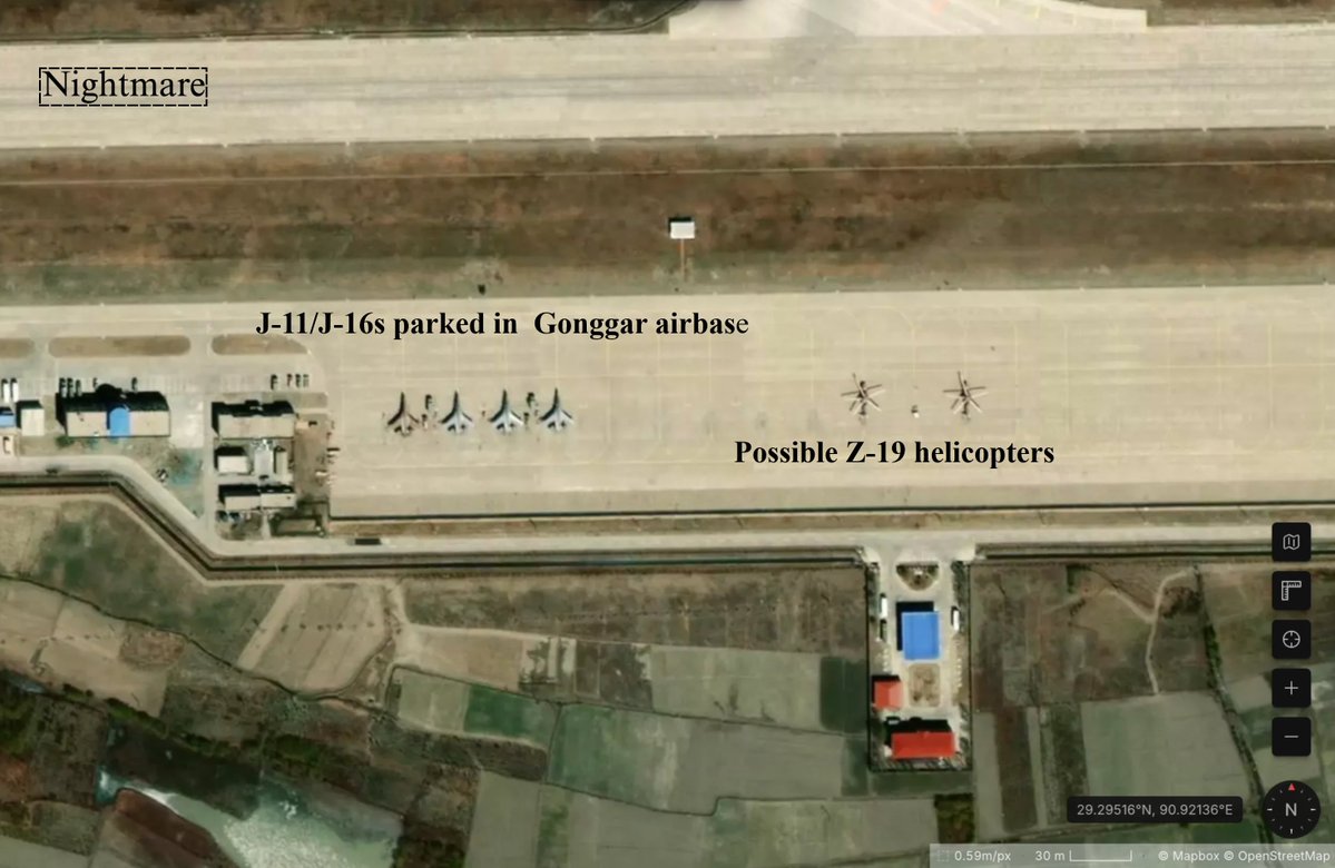 OsintNightmare's tweet photo. This is the second set of PLA/chinese border village satellite images iam posting about , this is even more intresting as it involves logistics centres and airbases along the Indian border .

The first one is from 7VWX+348 Jiazhulinzhen, Gonggar County, Shannan, Tibet, China (in this case google earth has updated images they have built huge rows of hardened shelters in the base go check it if you like) , now this is the gonggar airport/airbase its near Lhasa and its used by the PLAAF heavily for training flights we can see in this particular image J-11 or J-16 fighter jets parked in the tarmac along with Z-19 helicopters used by the PLAAF the empty space behind these is where rows of new black hardened shelters are built in G earth indicating increased aircrafts by the PLAAF , this is important as this airbase is above bhutan and North east India .

The second image is again from the same airbase but we go a little to the left side and here is where we can see multiple Airbus aircraft being parked and this is what i call civilian/cargo area of the airport  but we can notice one huge detail in this sat image , construction going on for a possible terminal and control centre , pretty big ugrades for a border airport . 

The third image 72QR+P7J Jixiongzhen, Gonggar County, Shannan, Tibet, China is right next to the main gonggar town , we see a rail terminal , most of these are mainly used for cargo transport as containers can be seen but they are always considered dual use by many analysts as they can transport military equipment and personnel too in times of need .

The final fourth image 74J9+58G Jiedexiuzhen, Gonggar County, Shannan, Tibet, China , this is termed as a residential committee by China which is basicallhy another border town / village and what intrested me is the trench like structures present here , although present next to what looks like  farmland , this does look like a trench replica maybe used for training( i may be wrong) and  also we can see a possible PLA camp/training site  in the small hill (my best guess) also the final intresting structure aside from the houses are the long transmission/pipeline like structures that go into the hill ( this is very very intresting as the structure goes on outside the sat image frame also) .

I will keep posting more satellite images whenever i get more time as the border buildup along the Indian Border is a case of high intrest for me be it civilian infrastructure or military or be it dual use structures , i can one thing for sure China has built up far more than India has in its side and India needs lots of catching up to do which i think India can do with limits ofcourse.

Stay tuned for more and  if possible RT this if you find it intresting .