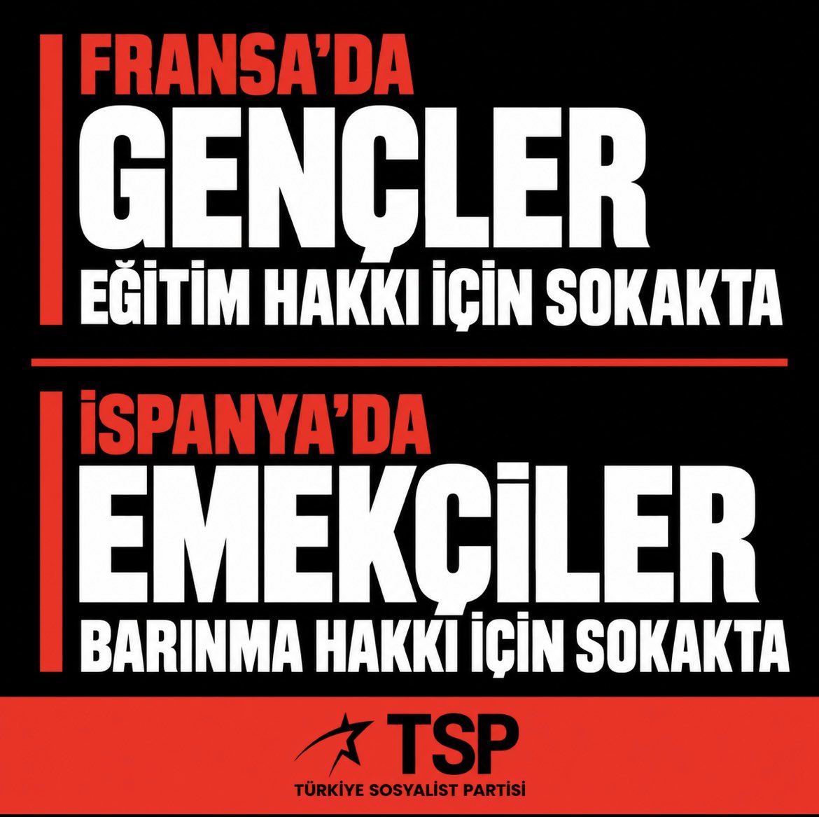 TSPmerkez's tweet photo. Fransa’da gençler eğitim sistemindeki çöküşe, bütçe kesintilerine ve geleceksizliğe karşı sokakta. İspanya’da emekçiler ve kiracılar, yükselen kiralara, tahliyelere ve konutun rant aracına dönüşmesine karşı meydanları dolduruyor.

Avrupa’nın farklı ülkelerinde aynı toplumsal gerilim büyüyor. Kamusal hizmetler daralıyor, barınma hakkı piyasanın insafına bırakılıyor, yaşam maliyeti yükseliyor. Sermaye düzeninin yarattığı krizin bedeli ücretlilere, gençlere ve yoksullara yükleniyor.

Fransa’daki öğrenci hareketi ile İspanya’daki barınma mücadelesi aynı düzenin yarattığı sınıfsal çatışmanın farklı alanlardaki görünümünü taşıyor. Eğitimden konuta, çalışma yaşamından gündelik hayata kadar temel ihtiyaçlar sermaye birikiminin sınırlarına teslim edildikçe toplumsal öfke de büyüyor.

Bugün Avrupa sokaklarında görünür hale gelen şey, yıllardır biriken sınıfsal gerilimdir. İnsanların insanca yaşayabilmesi için gereken kaynaklar mevcut. Bu kaynakların nasıl bölüşüldüğü, kimin ihtiyaçlarının önce geldiği ve toplumun hangi sınıfın çıkarlarına göre örgütlendiği temel mesele olmaya devam ediyor.

Fransa’dan İspanya’ya yükselen hareketler, Avrupa’daki sosyal krizin derinliğini ve emek-sermaye çelişkisinin güncelliğini bir kez daha ortaya koyuyor.

Selam olsun mücadele edenlere!

#İspanya #Fransa