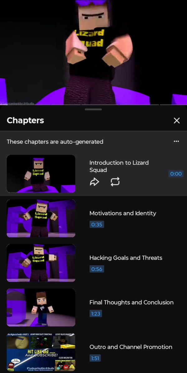 ZeFunnyMoment's tweet photo. Just found out YouTube started to use ai to add chapters to videos which didn't have them prior, and so we now have chapters on the lizard squad rap as if it's some video essay. https://t.co/bIYqTf7q5v