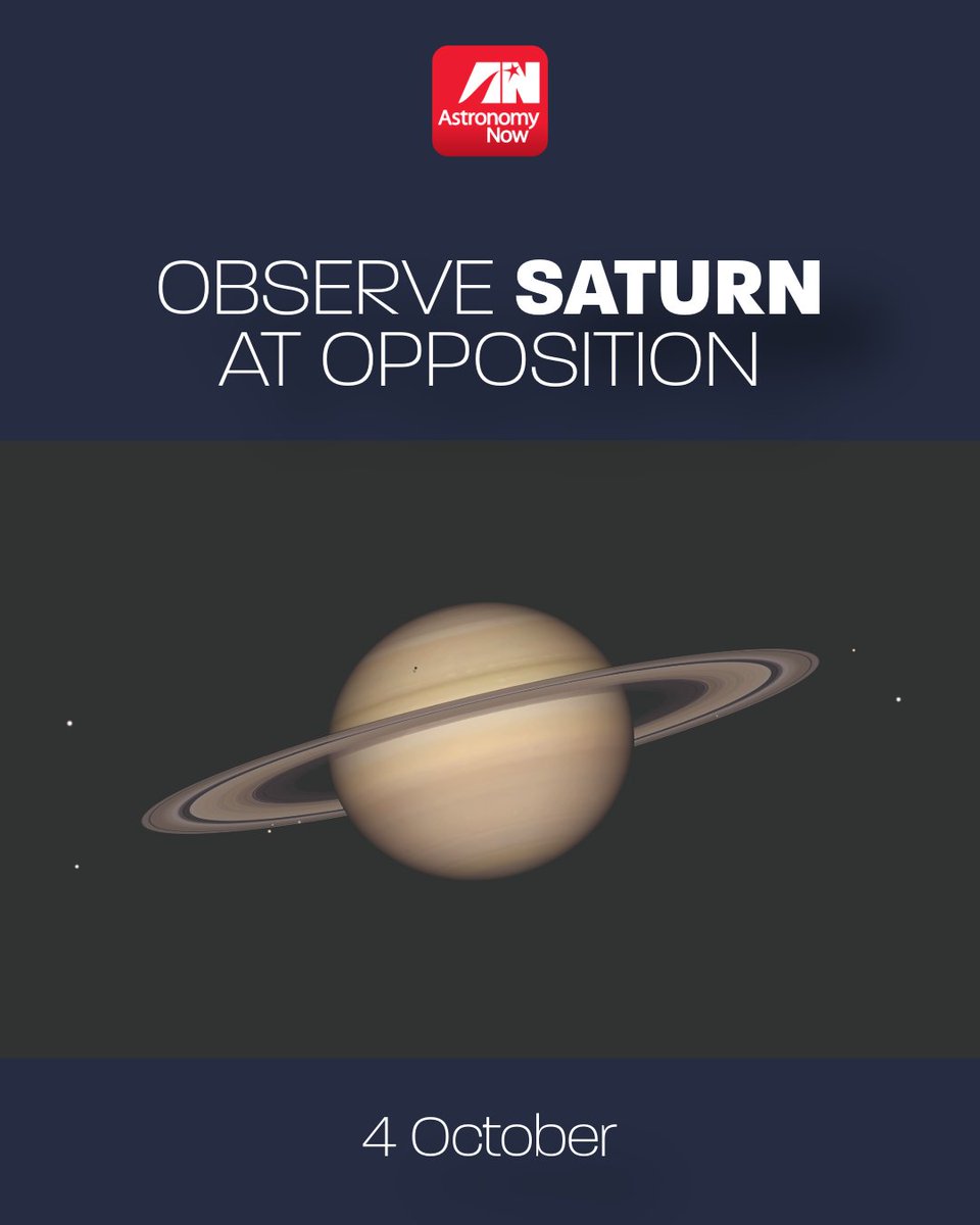 AstronomyNow's tweet photo. 👀 Astronomy, NOW! #Saturn is at opposition on 4 Oct, meaning it lies opposite the Sun in the sky with respect to Earth. 

Find it near Cetus &amp; Pisces constellations with the naked eye; an 80 mm telescope at 50× can show Saturn’s two main rings and large moons. https://t.co/FM7sQzeAFA