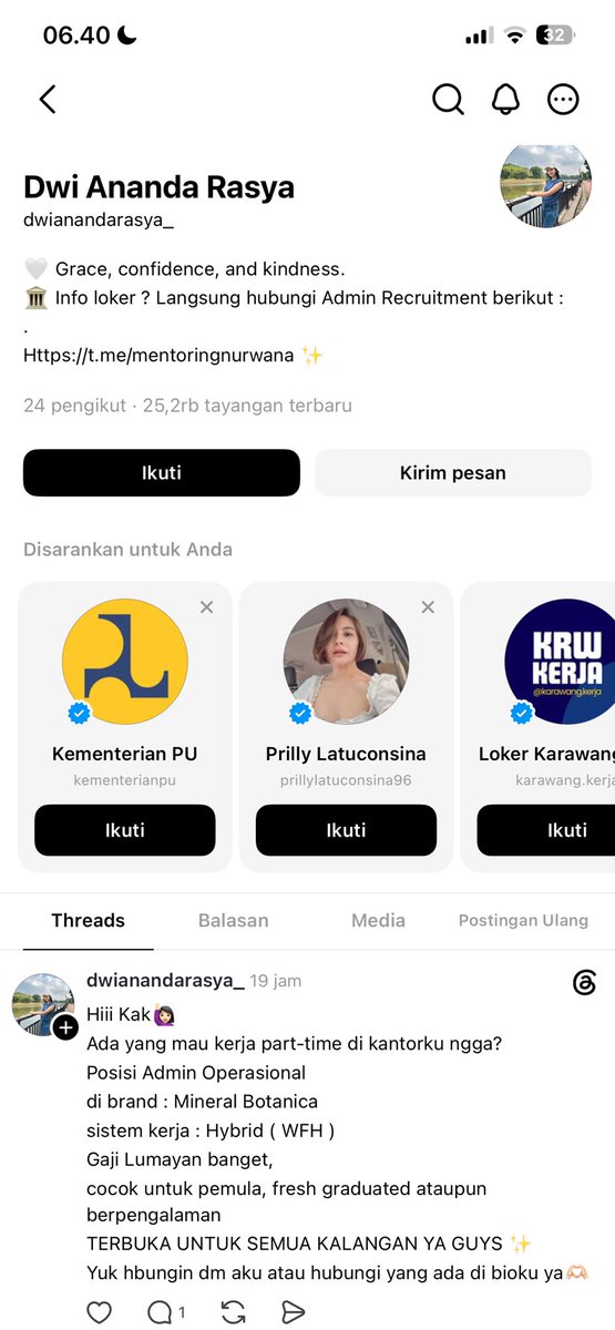 DailyFindIDSYA's tweet photo. @ikissycat hatihati ya semuanya, ini juga penipu, thread nya udah ilang akun nya, dan wa juga udh diganti, tapi telegram nya masih ada https://t.co/dcM3ZoBD8m
